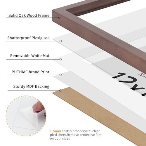 puthiac 12x18 Walnut Oak Wood Picture Frame - Minimalist 12x18 Poster Frame, 12"x18" Picture Frame Wood, Natural Solid Wooden Picture Frames for Wall Art Photo and Prints (3 Pack, Walnut)