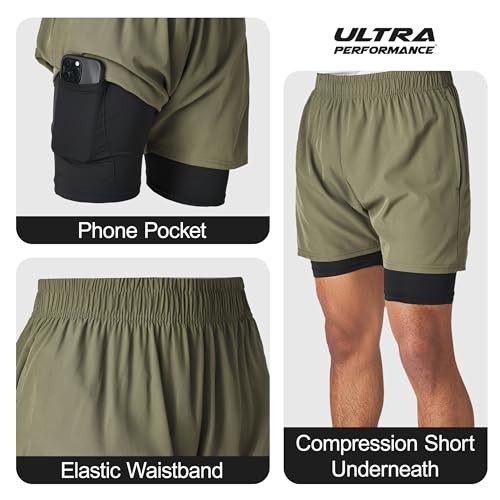 Ultra Performance Men's Athletic 2 in 1 Compression Shorts 2 Pack Mens Gym Workout Running Short’s for Men, 5 Inch Inseam2