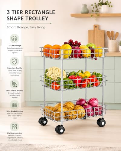 Image of Stainless Steel Modern Kitchen Storage Rack, Folding Perforated Design Trolley for Spice, Fruits, Vegetable, Onion, Potato, Organizer Stand with Wheel, 3 Layer Trolley
