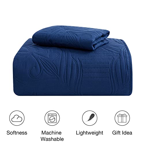 Beeweed Quilt Set Queen Size 3 Pieces, Lightweight Microfiber Flower Pattern Bedspreads For All Season, Navy Blue Soft Summer Coverlet Set With Ultrasonic Quilting Technology (1 Quilt, 2 Pillow Shams) #TOP6