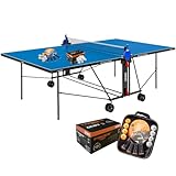 GEWO Tischtennisplatte AWR Outdoor Easy - klappbarer Tischtennis-Tisch für Außen, 4mm starke Melaminharzoberfläche - mit Rädern, Netz und Schläger-Halter, Playback-Stellung, ITTF-Maß, Wetterfest, blau