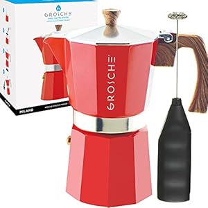 GROSCHE Milano Stove top espresso maker 9 espresso cup size 152 oz Red and battery operated milk frother bundle for lattes
