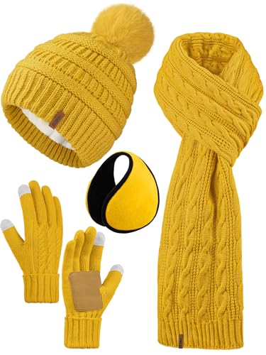 Aneco 4-in-1 Women Winter Beanie Hat Scarf Touchscreen Gloves Ear Warmer Set Fleece Lined Warm Knit Skull Cap with Pom Pom Yellow
