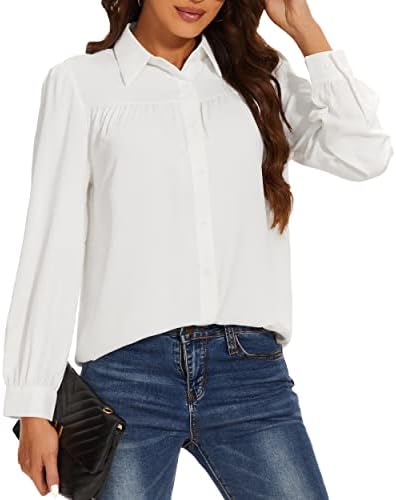 Womens Button Down Shirts Long Sleeve Casual Chiffon Blouses Collared Work Office Tops White