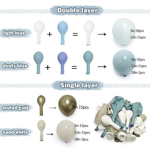 Image of Dusty Blue White Sand Balloon Garland Double Stuffed Pastel Light Blue Cream Beige Matte Balloon Arch Kit with Gold Latex for Neutral Baby Shower Bridal Wedding Birthday Mothers Day Summer Party