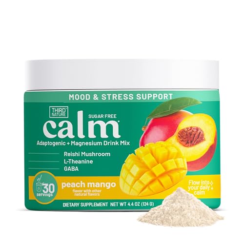 Third Nature Calming Drink Powder Jar with Magnesium Glycinate, GABA, L-Theanine & Reishi Mushroom - Adaptogenic Sugar Free Blend - Third Party Tested, Non-GMO - Peach Mango Flavor - 30 Servings