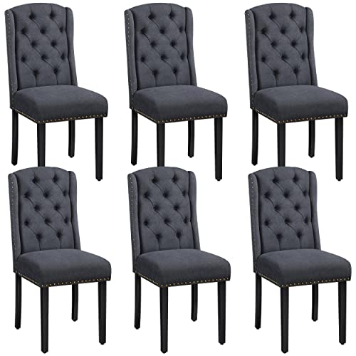 Yaheetech Lot de 6 Chaises de Salle à Manger en Tissu Effet Lin Design Classique Boutonné Ensemble de Chaises de Cuisine Rembourrées avec Pieds en Bois...