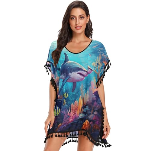 Sea Animals Shark Women's Beach Cover Up Chiffon Tassel Swimwear Swimsuit Coverups for Girl