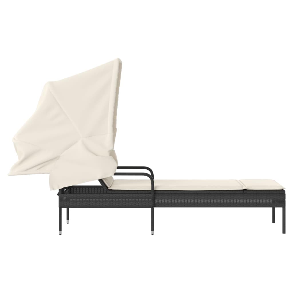 Lettino prendisole con tettuccio parasole estensibile, nero, in rattan sintetico, schienale regolabile in 4 posizioni, cuscino imbottito spesso con rivestimento rimovibile e lavabile