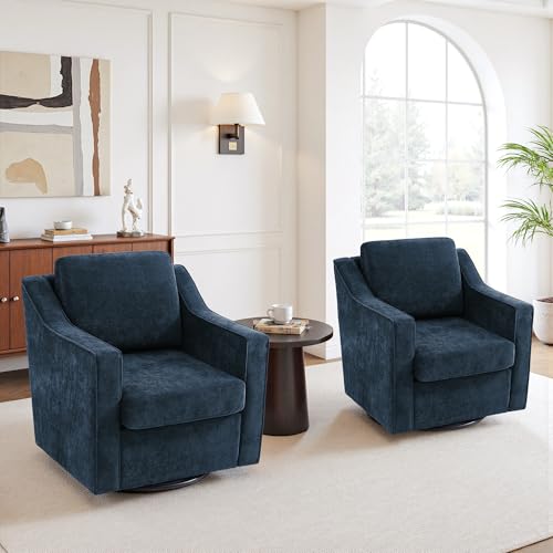 UIXE Swivel Accent Chair Set of 2, Chenille Upholstered Arm Chair for Living Room, Modern Club Armchair Comfy Single Sofa Bedroom Reading Seat with Lumbar Pillow - Navy Blue