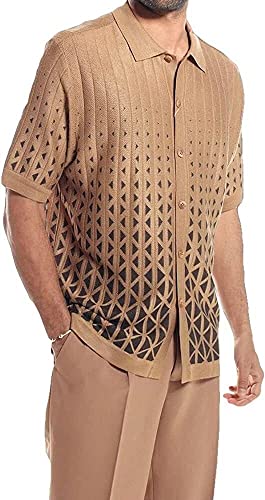 ErnZi Men's 2 Piece Outfit Criss-Cross Pattern Walking Suit Short Sleeve Set with Long Pants Button Beach Casual