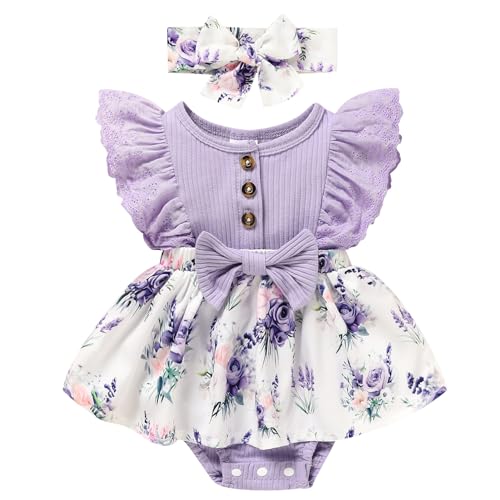 Image of Sinhoon Baby Girl Clothes Newborn Ruffled Sleeveless Romper Floral Dreesy Bodysuit Heaedband 3pcs Baby Girl Summer Clothes
