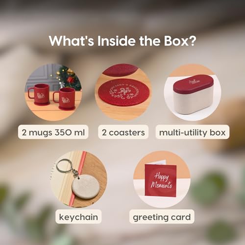 Image of Eha Earth-Friendly Christmas Gifts for Friends and Family | Secret Santa Gifts | Made with Rice Husk | Printed Christmas Mug and Coasters Set of 2, Keychain & Loopac Box | 350 ml | Coral