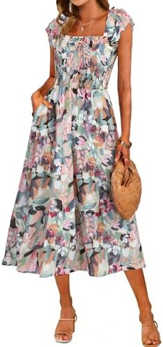 Simplee Women Floral Summer Sun Dress Flutter Sleeve Smocked Chif...