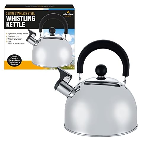 Milestone Camping 65580 2L Whistling Camping Kettle / Durable and Lightweight / Pouring Spout and Heat-Resistant Handle / Stainless Steel / Ideal for Camping, Fishing, Workshops and Garages Cover