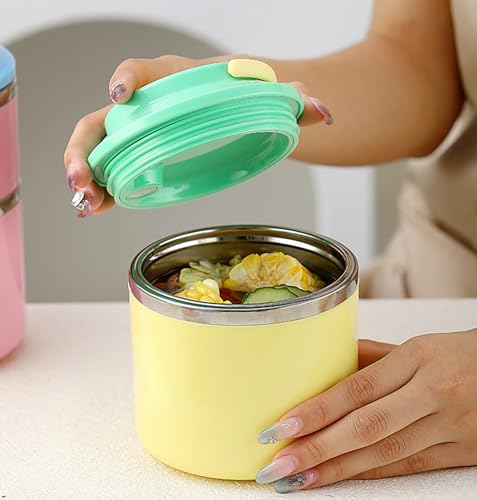 Image of House of Quirk 2 Layer 304 Stainless Steel Round Lunch Box for Office, Portable Multi-Layer Lunch Bucket, Large Capacity Leak-Proof Food Container with Rice Storage (Yellow)