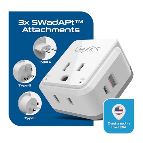 Image of Ceptics China, Malaysia Power Adapter Travel Set, 20W PD & QC, Safe Dual USB & USB-C 3.1A-2 USA Outlet - Compact-Use in Hong Kong, Kuwait, Singapore, Iraq - Includes Type G, I, C SWadAPt Attachments