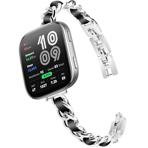 Slim Gold Bands Adjustable Metal Chain Bracelet Strap Compatible with Amazfit Bip 6/Bip 5 Smartwatch, Adjustable Metal Chain Bracelet Strap with Leather for Amazfit GTR 4/3 Pro/3/2/2e Smartwatch (Silvery) by Dlllelee - Used condition - US$12.56