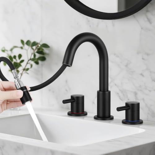 BDJM Bathroom Faucet 3 Hole 8 Inch Widespread 2 Handle Pull Down Bathroom Sink Faucets with Pop Up Drain and 360 Swivel Spout Matte Black
