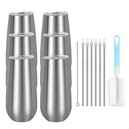 6 Pack Stemless Double Insulated Champagne Flute Tumbler With Lid, 6 Oz Unbreakable Reusable Cocktail Cups Champagne Toasting Glasses, Birthday Christmas Gifts For Friends, Wine Glass Tumbler, Silver #TOP6