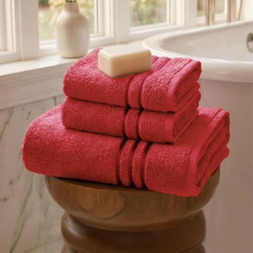 Image of MYTRIDENT Towel Set| Comfort Living | Quick Drying | Travel Friendly | for Men /Women | 3 PC Towel Set | 1 Bath (70 cm x 140 cm) 2 Hand (40 cm x 60 cm) | 100% Cotton 400 GSM - Tango Tomato