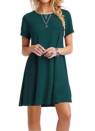 Women s Casual Plain Flowy Simple Swing T-Shirt Loose Dress Dark Green S