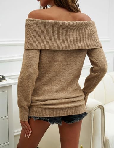 Image of Women's Off The Shoulder Sweater Spring Loose Long Sleeve Knit Casual Pullover Tops Outfits (Camel-M)