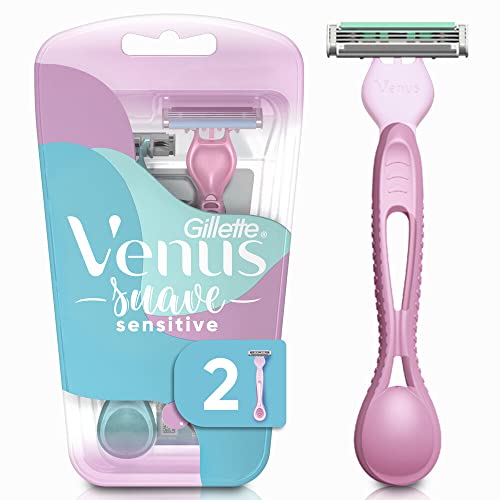 GILLETTE Venus Suave Sensitive, Aparelho de Depilação Feminino, 2 Aparelhos Descartáveis com Skin Elixir, Depilação Corporal para Pele Sensível