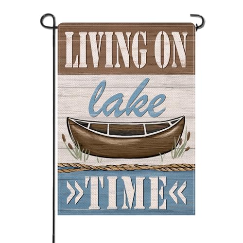 Spring Summer Living on Lake Time Small Decorative Garden Flag, Lakehouse Boat Farmhouse Yard Lawn Outside Decor, Rustic Burlap Outdoor Home Decoration Double Sided 12 x 18