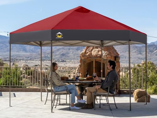 CROWN SHADES 14x14 Pop up Gazebo Patented Center Lock 6-Sided Portable Gazebo Easy Set Up 300D Silver-Coated Fabric UV Resistant Pop Up Canopy Tent for Patio Party Outdoor Activities Red&Grey