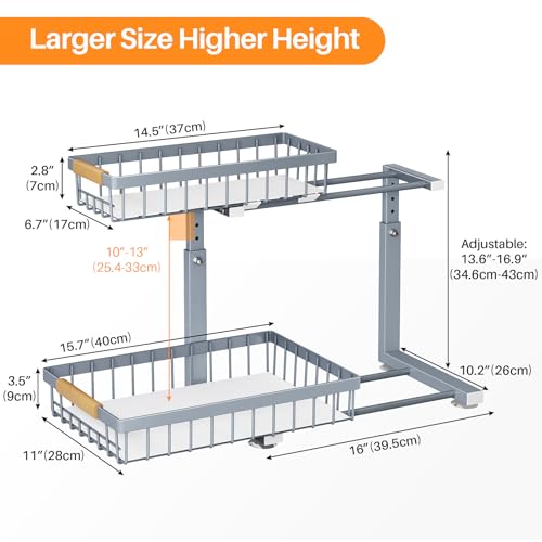 Image of PXRACK Under Sink Organizer, Adjustable Height, 2 Tier Pull Out Under Cabinet Organizer, Slide Out Thickened Metal Under Sink Storage for Kitchen Bathroom Laundry Pantry Cabinet, Grey, Large-1-Pack