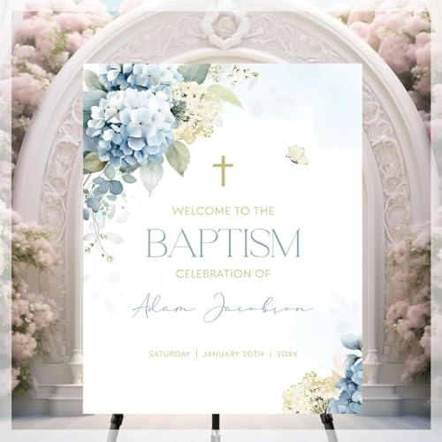 Personalized Baby Boy Baptism Welcome Sign – Custom Blue Christening Welcome Poster for Church or Home Décor – Template for Naming Ceremony, First Communion