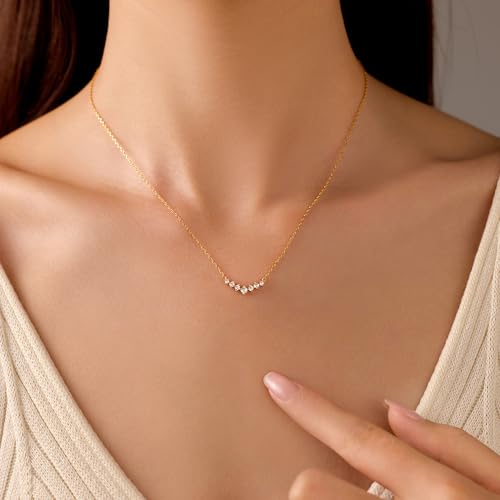 CZ Curved Bar Pendant Necklace for Women 925 Sterling Silver Cubic Zirconia Pendant for Mother 14K Gold Plated V Shaped Charm Necklace for Mother Daughter Wedding Birthday Jewelry Gift2