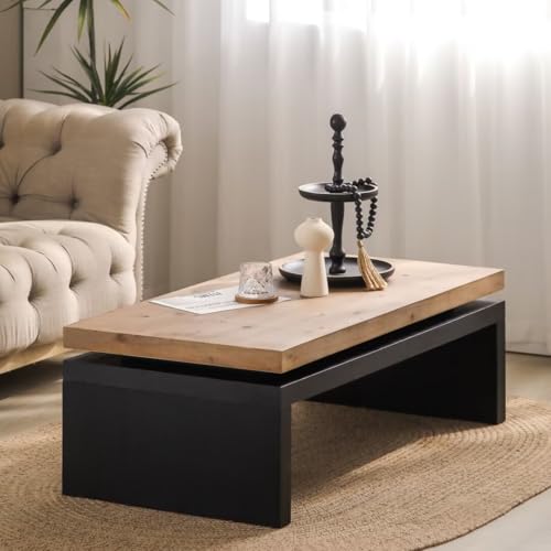 JIJIWANG Black and Natural Wood Living Room Table Versatile Coffee Table 2-Tiered Wood Tabletop Table 47.6