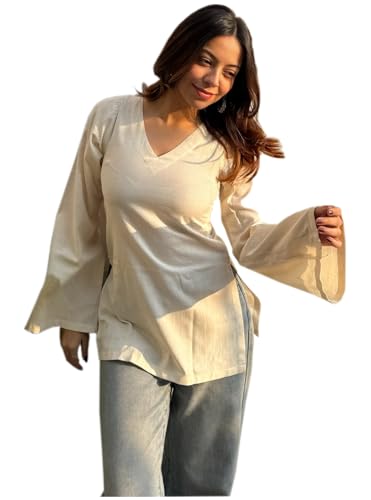 Image of ANNI Designer Short Kurti for Women Solid Design | V Neck Full Sleeve Kurti Tops for Women | Stylish Kurtis & Short Kurtis for Woman | Casual Kurti with Jeans | Kurtas for Woman