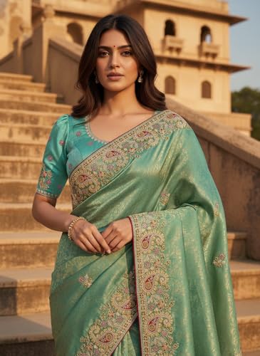 Image of Glory Sarees Women's Pure Soft Silk Banarasi Saree Traditional Embroidery Paisley Border With Blouse Piece (Qualamkars 103 Parent A)