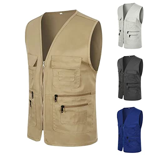 Chaleco de pesca para hombre, estilo safari, con cremallera, con múltiples bolsillos, para verano, trabajo, fotos, etc, Chalecos de pesca caqui para hombre, XL