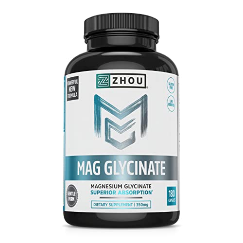 Zhou Magnesium Glycinate Complex 350 mg, Time-Release Absorption, Muscle Relaxation & Recovery, Healthy Sleep, Bone Strength, Heart Health, Vegan, Non-GMO, Bioavailable, 45 Servings, 180 Capsules