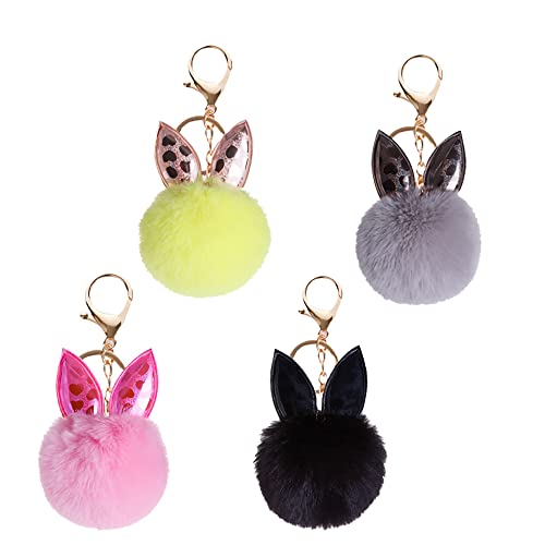 Watenkliy Llaveros con bola esponjosa, llaveros de peluche, pompón, bolsa colgante, juego de 4, Gris+morado+rosa+amarillo, Talla única Cover