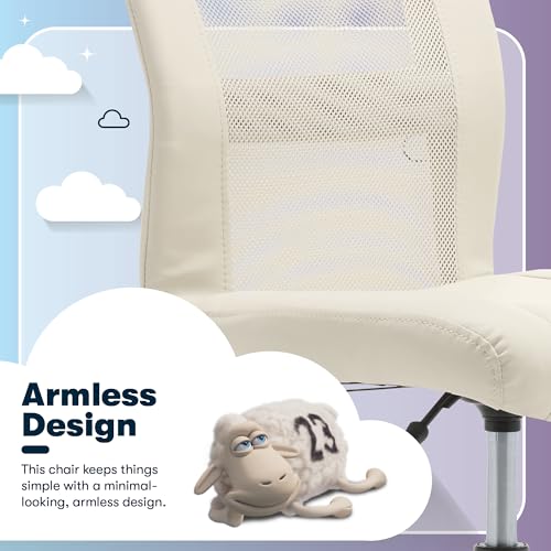 Image of Serta Essential Armless TaskChair, Small Desk Chairs with Wheels, Breathable Mesh Back and Faux Leather, Quality Foam Cushion Seat for Comfort, Minimal Design for Vanity Table, Cream White