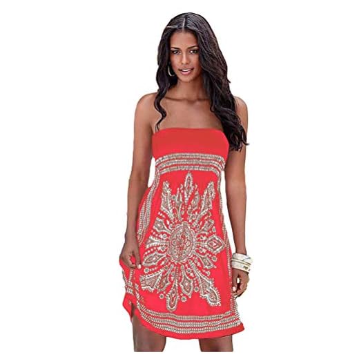 JIER Damen Schulterfrei Sommer Bandeau Strandkleid Flora Muster Bunt Boho Stil Casual Mini Strandkleider Neckholder Cover Ups Kleid ärmelloses Strand Abendkleid (Rot,Medium)