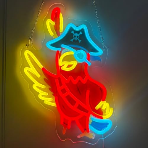 Image of Pirate Parrot Neon Sign, USB Powered LED Light for Room Decor | Parrot Wall Decor for Bedroom, Kids Room, Game Room, Halloween Party and Pirate Theme Gift