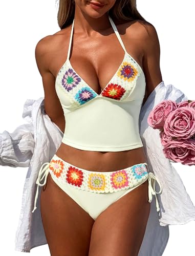 ZAFUL Women's Halter Tankini Swimsuits Floral V Neck Tummy Control Tie Side Bathing Suits 2 Piece Tankini Set (1-White, L)