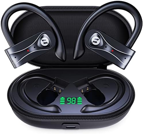 Wireless Earbuds 4 Mic Clear Call Bluetooth Headphones with Wireless Charging Case 60H PlayBack Over Ear Earphones Bass Stereo in Ear Buds LED Display Waterproof Earhooks for Sport Running Workout Gym