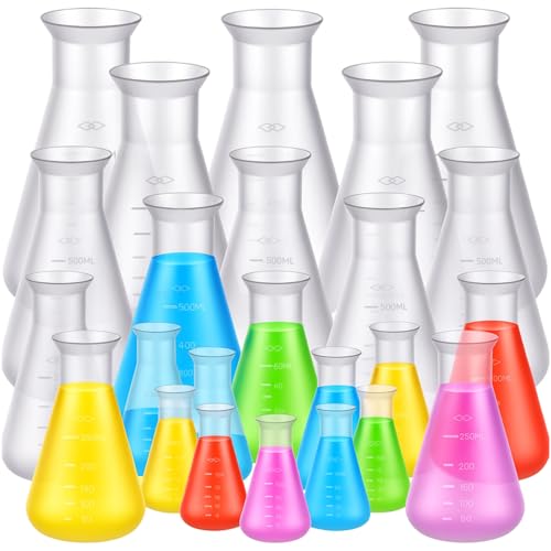 DoubleFill 20 Pcs Plastic Beakers for Kids Class and Party, Scientific Conical Flask, Laboratory Chemical Erlenmeyer Education Learning Tool, 50ml, 100ml, 250ml, 500ml, 1000ml