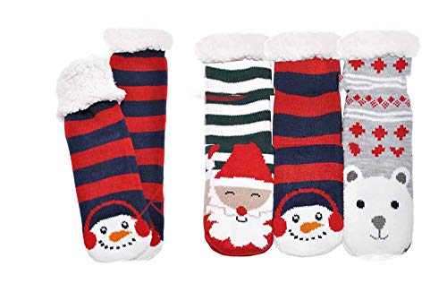 Winter-Weight Thermal Fleece-Lined Cozy Christmas Holiday Sherpa Lined Slipper Socks, 3 Pair Pack (Christmas 3, 9-11)