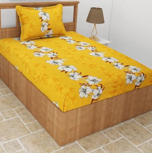 Image of Glace Cotton Single Bedsheet 60x90 Inch with 1 Pillow Cover 18x28 Inch - Bright Yellow Floral Print Bed Sheet Set - Soft Flat Bedcover for Single Mattress Bedroom Hostel Room - Yellow Flower