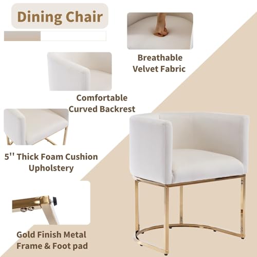 Image of HNY Mid Century Modern Upholstered Barrel Dining Chairs with Arms Set of 3, Velvet Kitchen & Dining Room Chairs, 18.5 inch Wide Accent Chairs for Dining Room Living Room with Gold Metal Frame, Cream