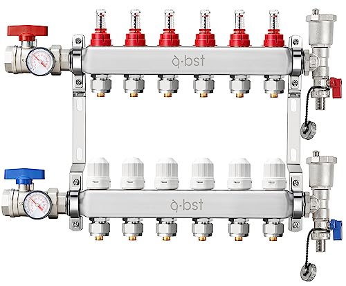 ABST PEX Manifold,6 Loop Stainless Steel Floor Radiant Heat Manifold Kit with 1/2