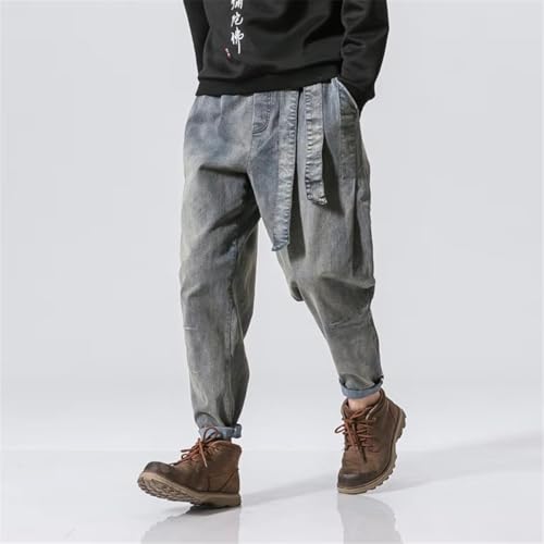 Vintage Denim Pants Men Streetwear Harajuku Jeans Belt Design Solid Color Jeans Elastic Waist Trousers2